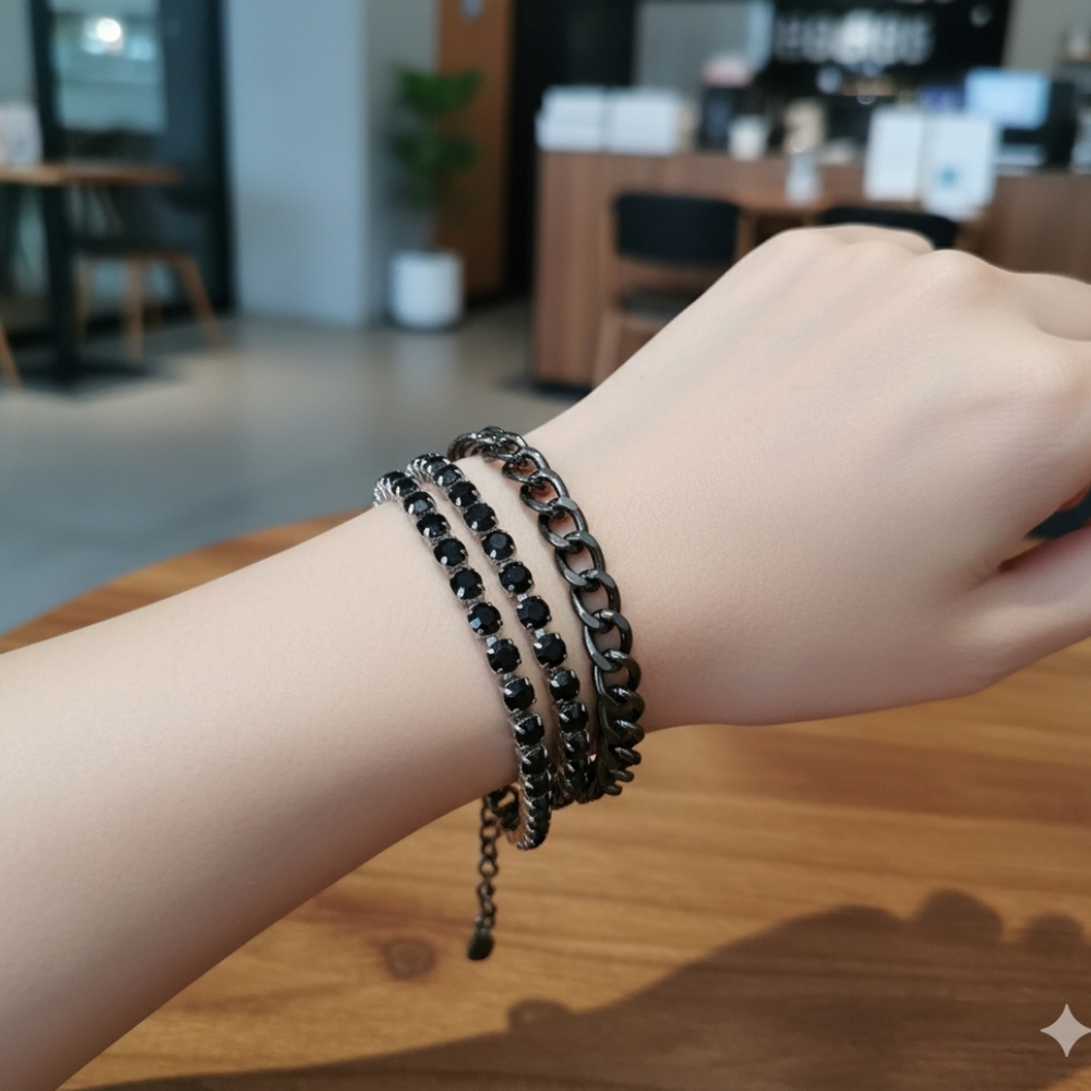 Aeropastle Gunmetal Black crystal and Miami Cuban Link black Chain Bracelet